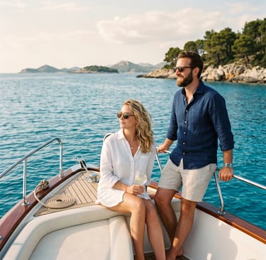 Stylish couple in linen on private speedboat tour with turquoise Adriatic sea and islands