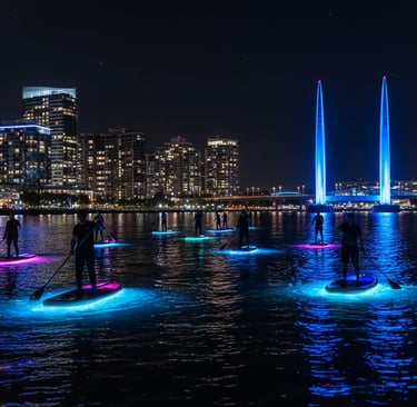 Group of people glowing paddleboarding at night near Orlando with blue LED lights underneath, creati
