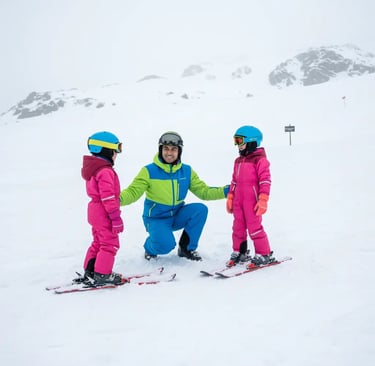 Ski instructor teaching two young children on a beginner slope in Zermatt, perfect for family ski le