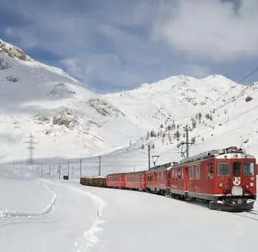 Red Bernina Express train traveling through high alpine peaks
