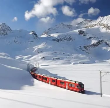 Bernina Express train winding through snowy Swiss Alps