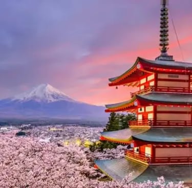 Iconic Chureito Pagoda with Mt. Fuji in the background during a vibrant purple sunset.
