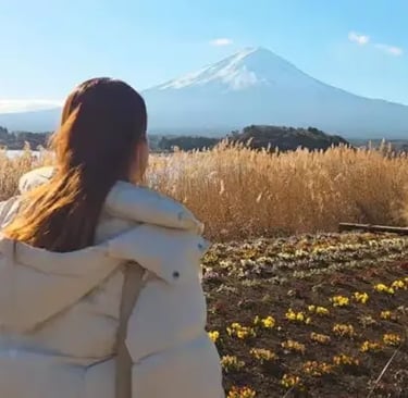 Traveler admiring the view of Mt. Fuji with pampas grass, perfect photo spot for a Japan private tou