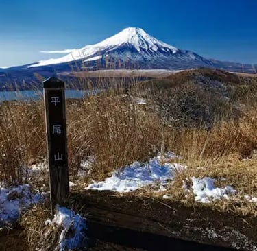 Scenic view of snow-capped Mount Fuji from a hiking trail viewpoint
