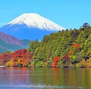 Mount Fuji reflected on Lake Ashi in autumn, Hakone