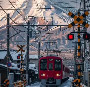 Red train at a railroad crossing with Mount Fuji looming in the background.