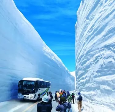 Tour bus driving through massive snow walls on a mountain road.