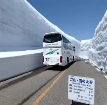 Tour bus driving through the massive Tateyama Snow Wall