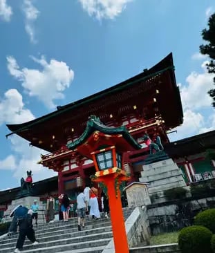 Red torii gate and lantern at the entrance of Fushimi Inari shrine in Kyoto