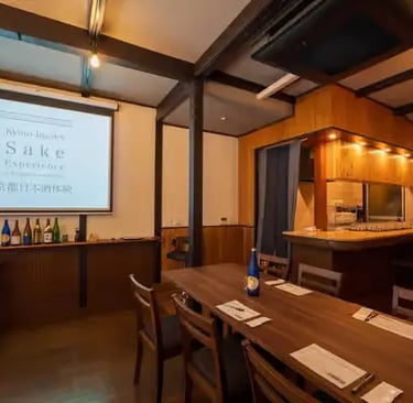 Kyoto insider sake experience venue with projector screen and tasting tables