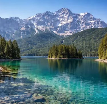 Eibsee turquoise water with snow-capped Zugspitze peak and pine trees