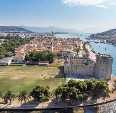 Aerial view of a historic fortress on the Croatian coast.
