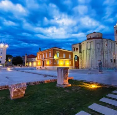 Zadar Roman Forum and Church of St. Donatus at twilight