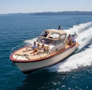 Private wooden gozzo yacht cruising the Tyrrhenian Sea with guests on deck during a Capri day tour.