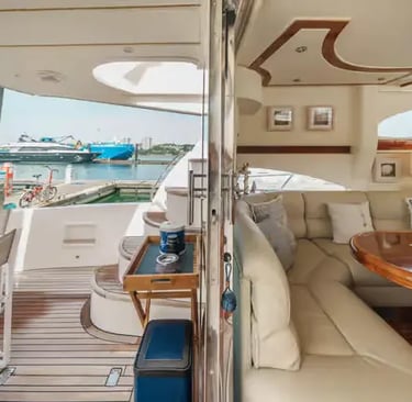 Luxury yacht aft deck and lounge with teak flooring docked at Porto marina, Portugal