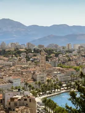 Panoramic view of Split Croatia with Diocletian Palace bell tower and Adriatic waterfront