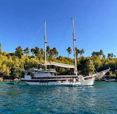 Traditional wooden Gulet boat anchored in a turquoise cove near Split Croatia with pine trees