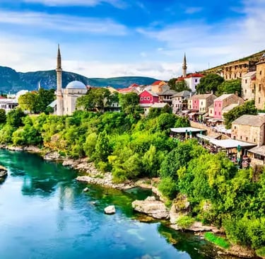 Mostar city with mosque minarets and turquoise Neretva River, Bosnia