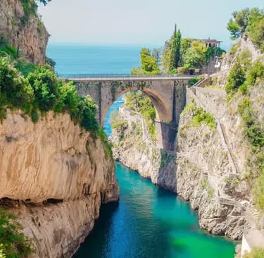 Fiordo di Furore narrow fjord with turquoise water between dramatic cliffs on the Amalfi Coast