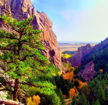 Red rock cliffs and pine trees at Eldorado Canyon State Park near Boulder Colorado