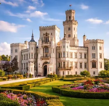 Hluboká Chateau white towers and Windsor-inspired architecture in South Bohemia Czech Republic