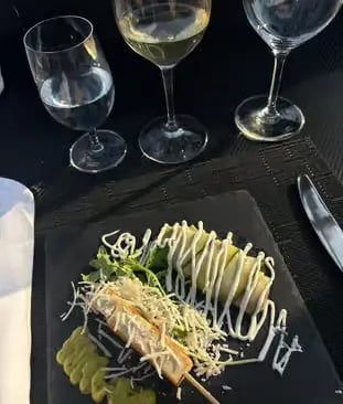 Elegant starter course on slate plate at Dinner in the Sky Dubrovnik