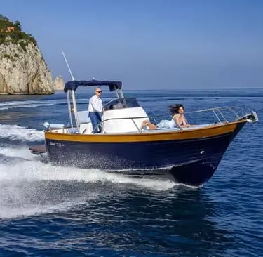 Private speedboat cruising at speed along the Ligurian coastline on the Mediterranean Sea