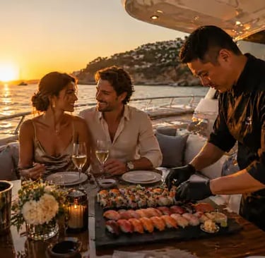 Elegant couple enjoying luxury yacht dining with personal chef service at sunset on deck.