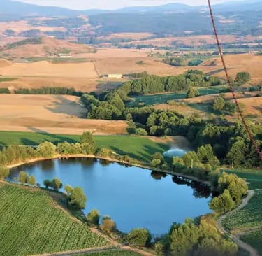 Aerial view of green fields, small lake and rolling hills seen from a hot air balloon in Italy