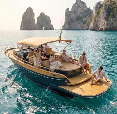 Guests relaxing on a wooden gozzo luxury yacht charter anchored beside the Faraglioni rocks, Capri.