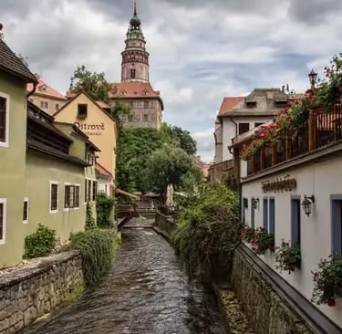 Multi-level arched Cloak Bridge connecting Český Krumlov Castle complex