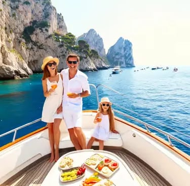 Family enjoying brunch and prosecco on a private yacht bow near the Faraglioni rocks in Capri.