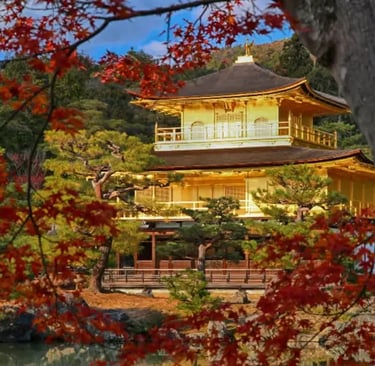 Golden Pavilion Kinkaku-ji temple in Kyoto surrounded by autumn foliage, a top stop on a private car