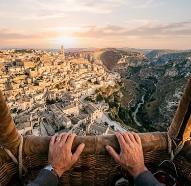 First-person view from hot air balloon basket over Matera Sassi and ravine at sunrise in South Italy