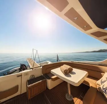 Spacious Italian-designed luxury cockpit on Cranchi 39 yacht cruising the Ionian Sea