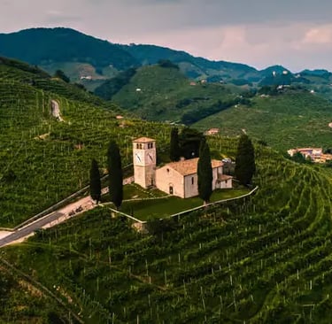 Old stone church with cypress trees surrounded by lush Prosecco vineyards in Veneto region