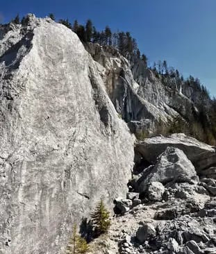 Massive Zwerchwand rockfall formation along the hiking trail in Bad Goisern