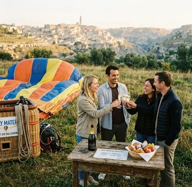 Four travelers toasting with sparkling wine next to a hot air balloon basket with Matera in view