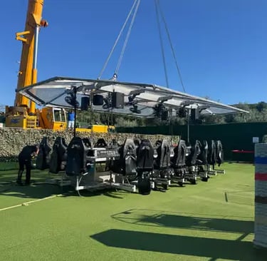 Crew conducting ground-level safety inspection of Dinner in the Sky racing seats and crane