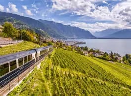 Scenic Swiss train ride next to a lake and vineyards, highlighting the beautiful routes included in