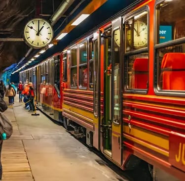 Red train at the underground Jungfraujoch railway station Top of Europe terminal