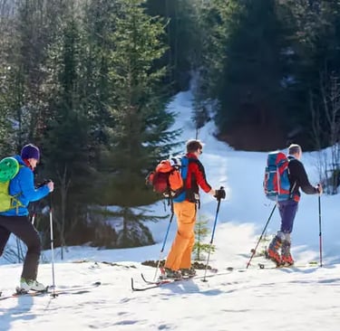 Small group of beginner skiers in Stubai Valley, Austria.