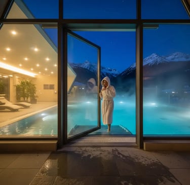 A guest in a white robe standing by an outdoor infinity pool at night with a view of the Alps, highl