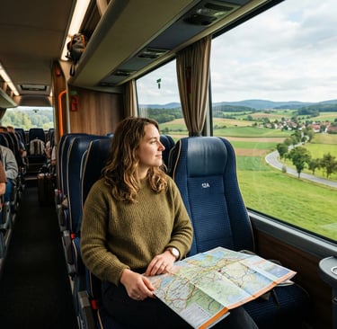 Woman on a tour bus holding a map looking at Central European countryside