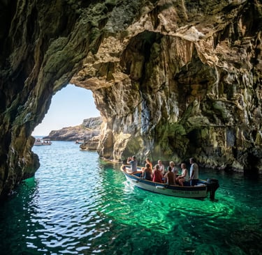 Tour boat Grotta del Sole entering a sea cave with emerald green water near Santa Maria di Leuca