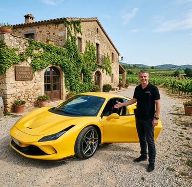 Professional driving instructor welcoming guest beside a yellow Ferrari at a Catalan winery
