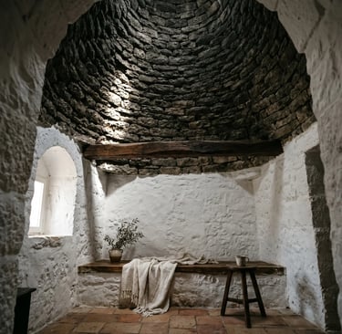 Dry-stone conical dome ceiling inside authentic Alberobello trullo with whitewashed walls and wood bench.