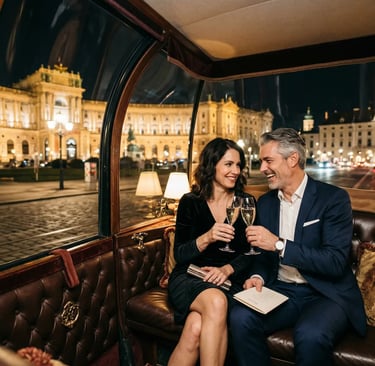 Elegant couple toasting with champagne inside a private Vienna horse-drawn carriage, Hofburg Palace lit up behind them