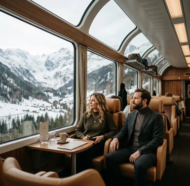 Elegantly dressed couple seated in panoramic Bernina Express carriage with snowy Alps outside