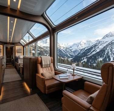 Luxury leather seats inside Bernina Express panoramic carriage with snowy mountain views